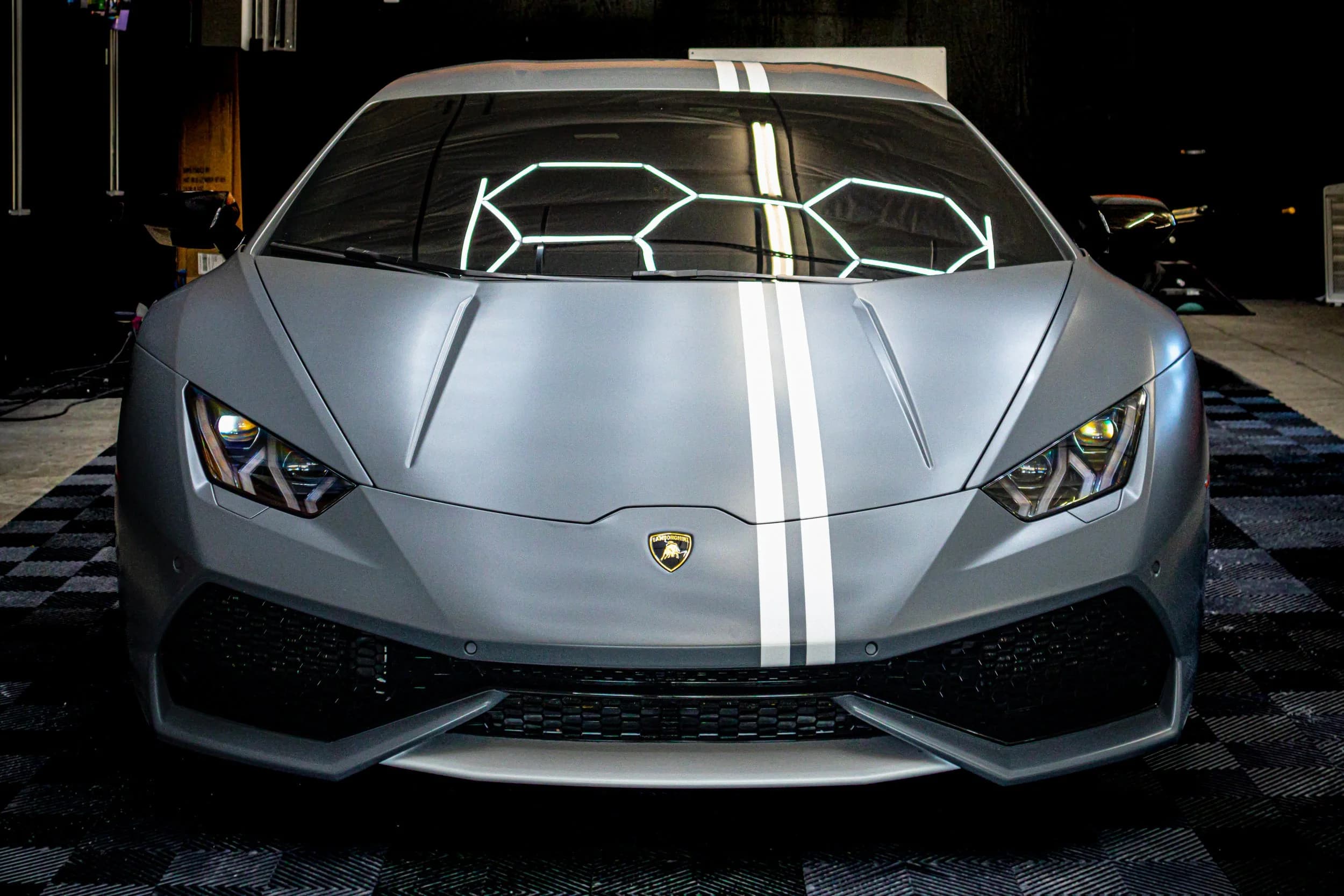 Silver Lamborghini Huracan front-on