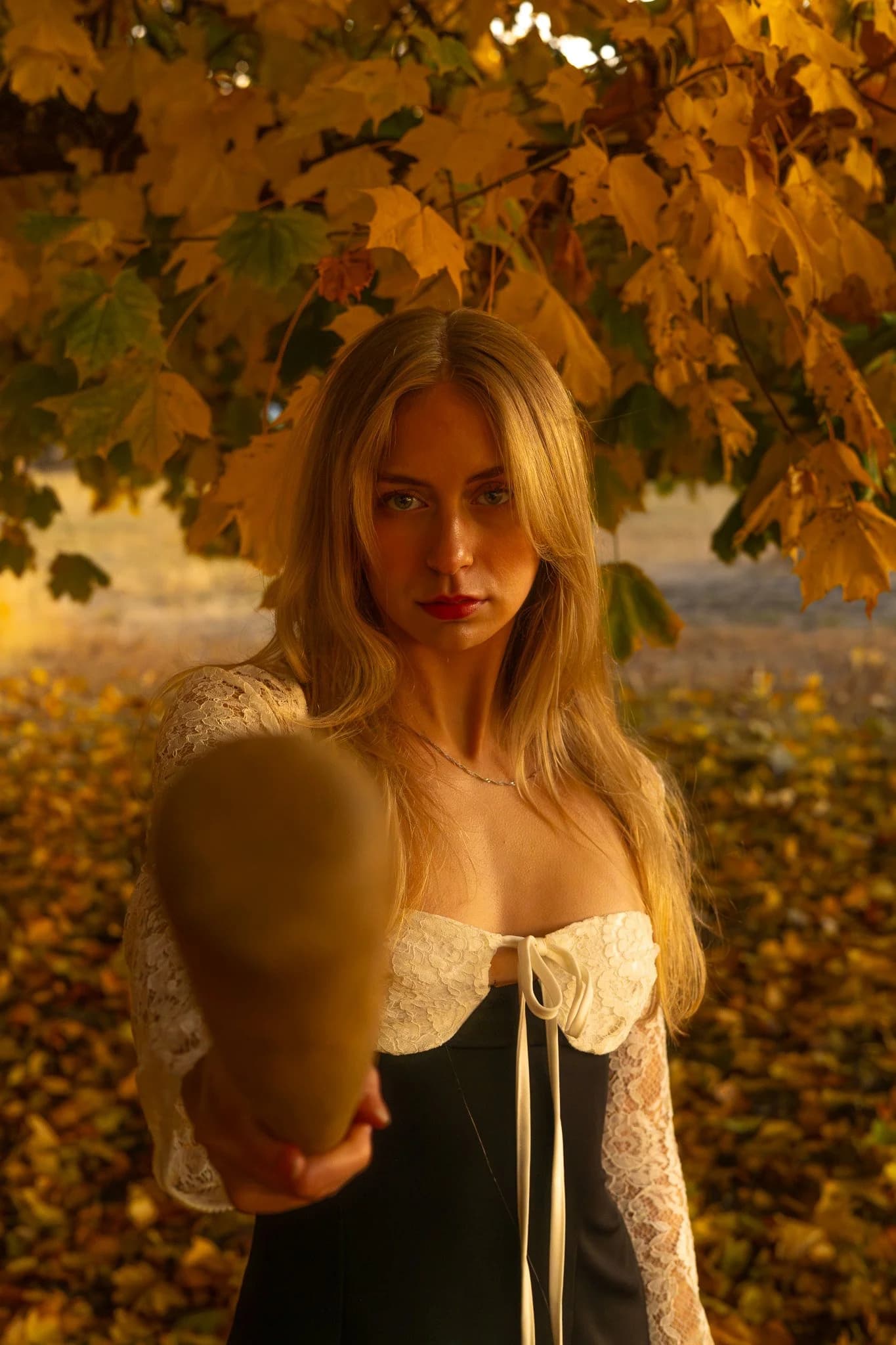 Blonde portrait under autumn leaves